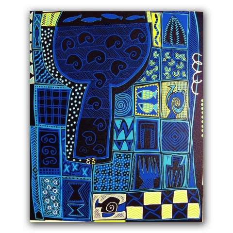 Blue Print 2, lino 50x60 cm, 2001. Diana van Hal.