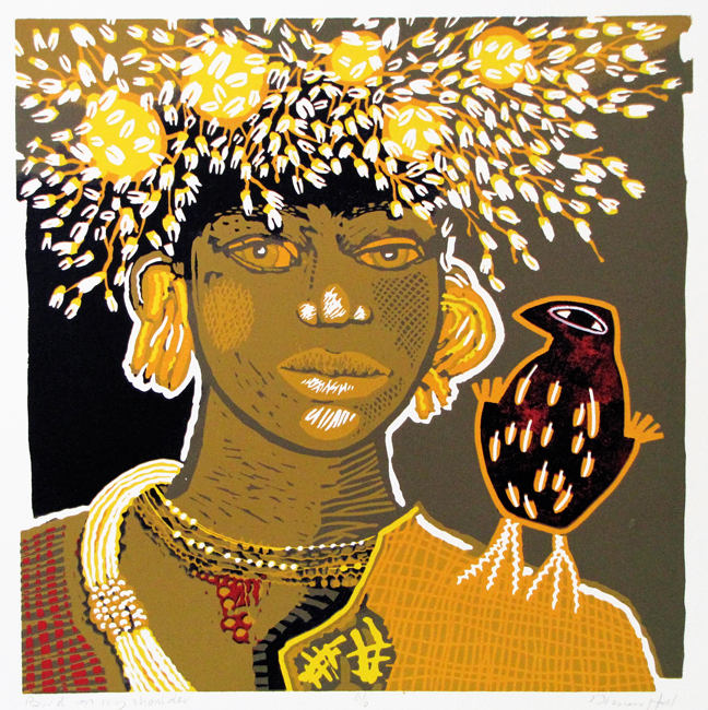 Bird on my schoulder, lino, 44 x 44 cm, 2015. Diana van Hal